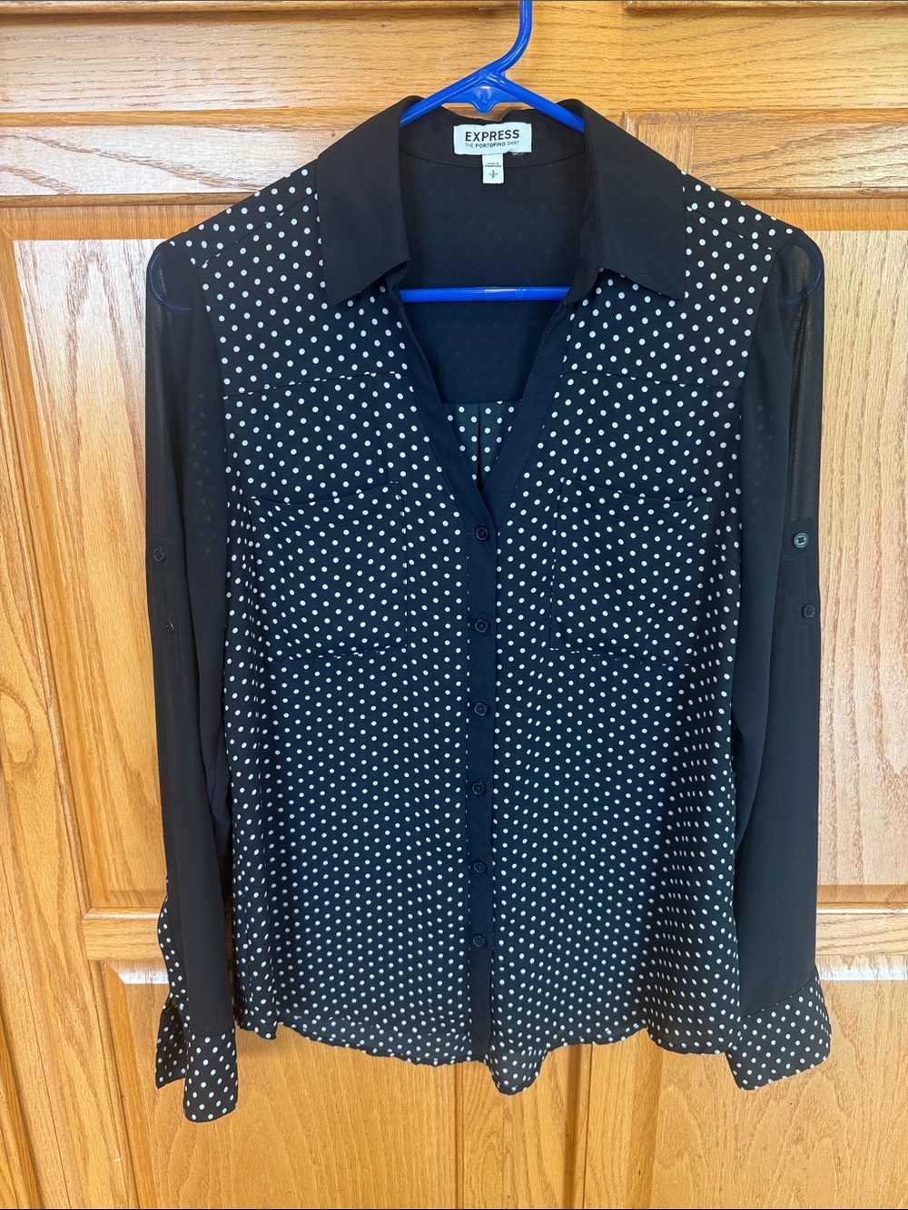202 Express The Portofino Shirt Black White Polka Dot Sheer Sleeve Button Small - Picture 8 of 9